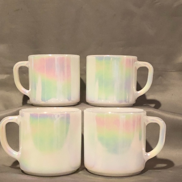 4 Vintage 1970s Federal Glass Moonglow Iridescent Rainbow Coffee Mugs Cups NICE